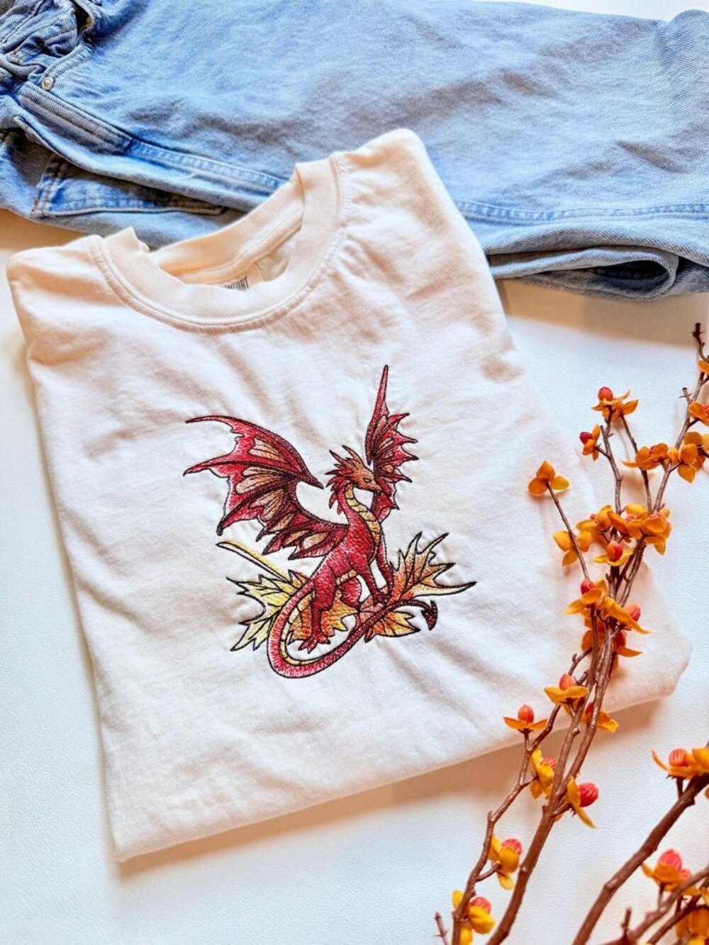 White T-Shirt Comfort Colors Autumn Leaves Dragon Embroidered T-Shirt